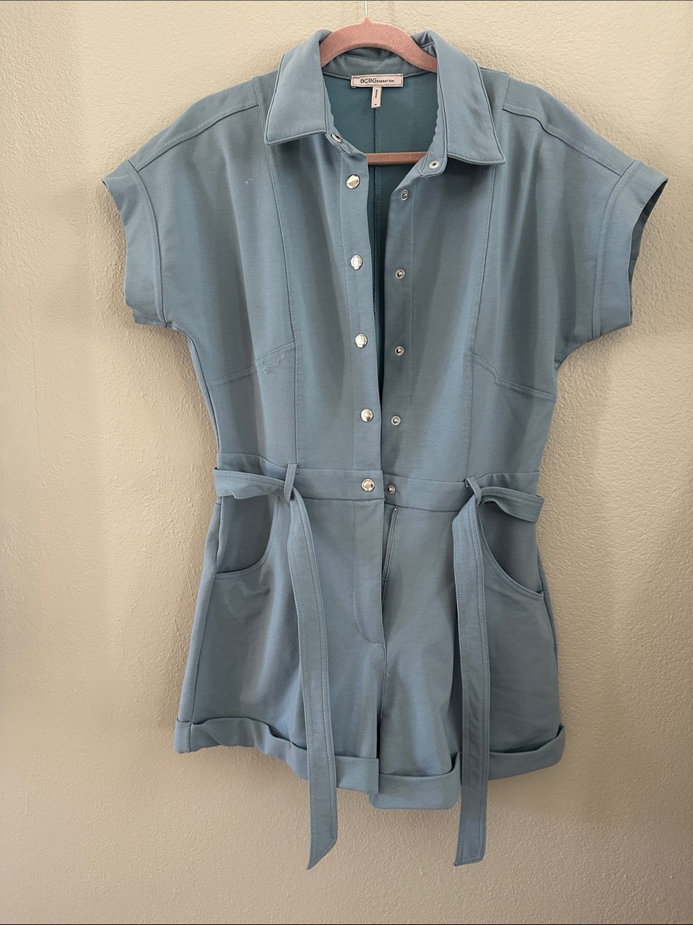 BCBG Blue Short Sleeve Button Romper with Tie Waist